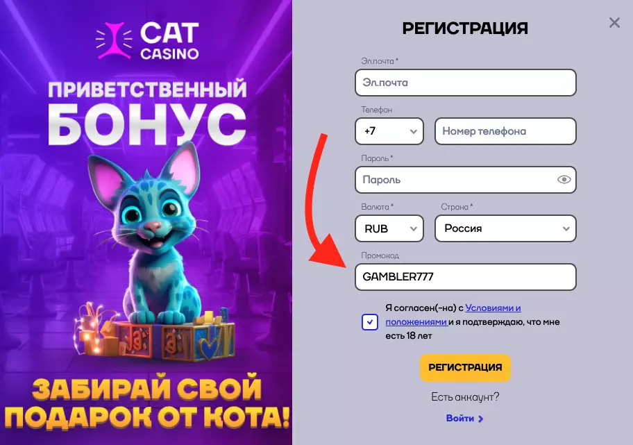 Введение промокода при регистрации в Кэт казино